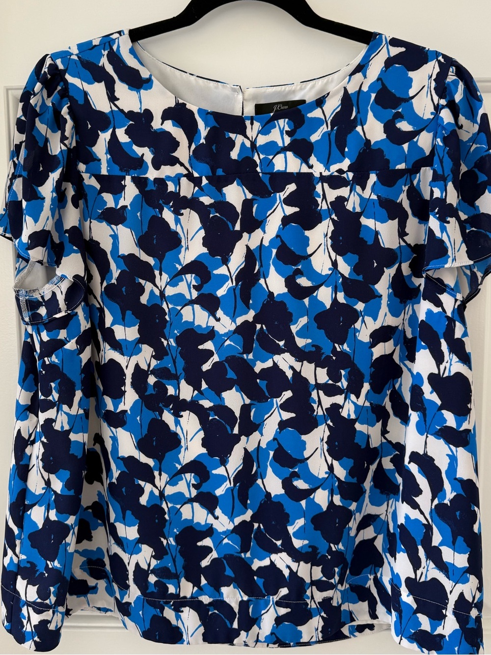 J. Crew Navy and Bright Blue Floral Ruffle-Sleeve Blouse